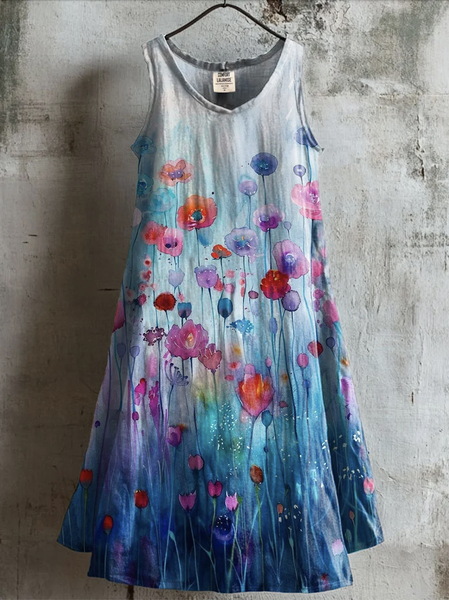 

Women Floral Summer Dress Crew Neck Sleeveless A-Line Dress, Blue, Midi