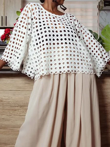 

Casual Plain Hollow Out Crew Neck Blouse, White, Blouses and Shirts