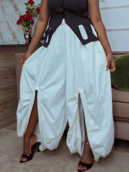 

Casual Plain Slit Bloomers Pants, White, Pants