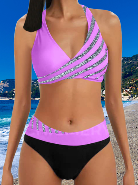 

Sexy Two-piece Bikini Swimsuit Women's Striped Sequins Cross Backless Swimsuit, Purple, swimwear>>3 Piece Bikini Sets