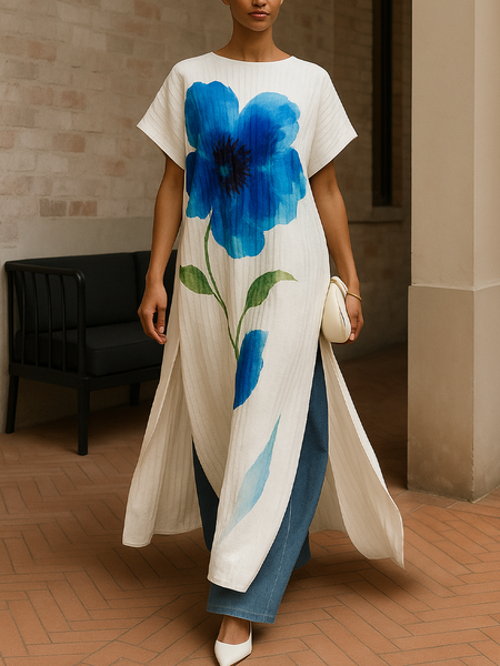 

Casual Floral Printing Crew Neck Blouse, Off white, Blouses and Shirts