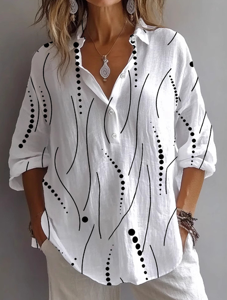 

Women Striped Long Sleeve Shirt Spring/Fall Printing Shirt Collar Daily Casual Top, White, Shirts