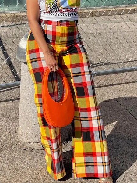 

Urban Plaid Printing Straight Pants, As picture, Pants