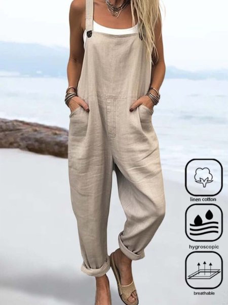 

Women Plain Square Neck Gallus Casual Summer Linen Jumpsuits, Khaki, Jumpsuits&Rompers