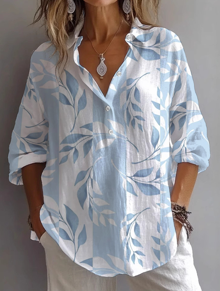 

Women Floral Long Sleeve Shirt Spring/Fall Printing Shirt Collar Daily Casual Top, Blue, Shirts