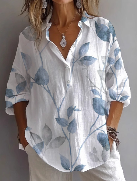 

Women Floral Long Sleeve Shirt Spring/Fall Printing Shirt Collar Daily Casual Top, White, Shirts