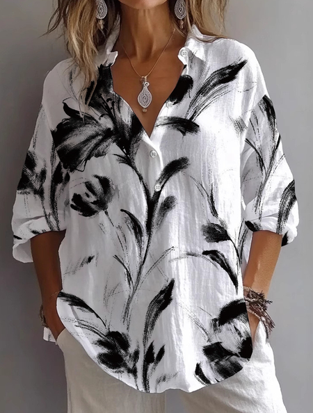 

Women Floral Long Sleeve Shirt Spring/Fall Printing Shirt Collar Daily Casual Top, White, Shirts