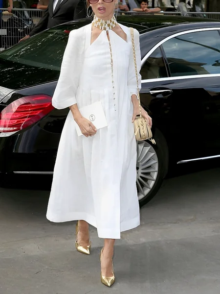 

Cotton Casual Plain Stand Collar Midi Dress, White, Midi Dresses
