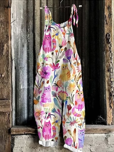 

Women Floral Spaghetti Sleeveless Casual Summer Cotton Jumpsuit, White, Jumpsuits&Rompers