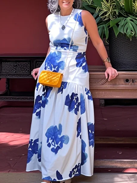 

Vacation Floral Crew Neck Maxi Dress, Blue, Maxi Dresses