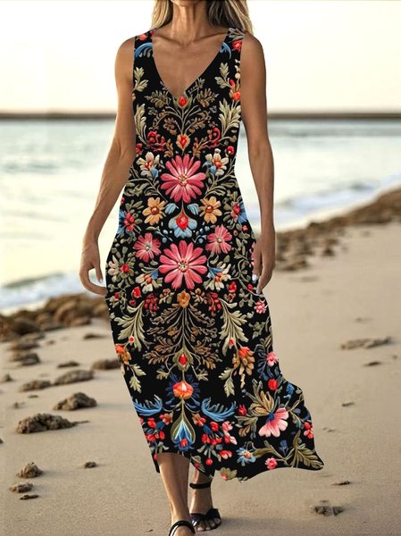 

Women Floral Summer Dress V Neck Sleeveless Tank A-Line Dress, Black, Maxi