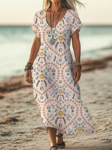 

Women Floral Short Sleeve Summer Printing Dress V Neck Daily Casual Maxi X-Line Dress, Beige, Casual Dresses