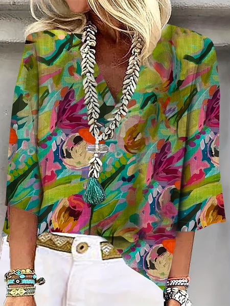 

Women Floral Three Quarter Sleeve Blouse Spring/Fall Printing V Neck Daily Casual Top, Green, Blouses