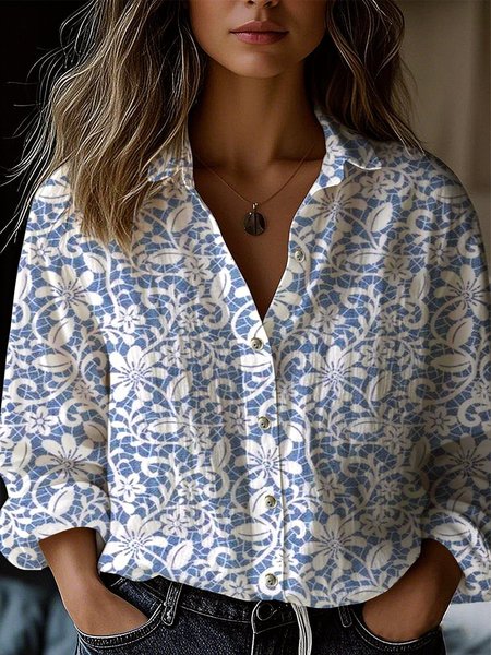 

Loose Floral Shirt Collar Vintage Shirt, Blue, Blouses & Shirts