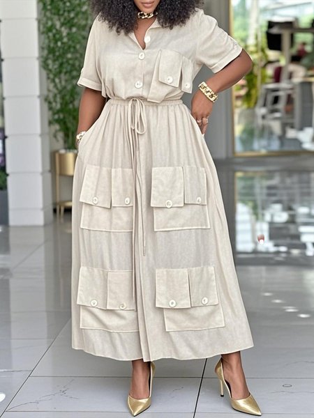 

Cotton And Linen Casual Plain Pockets Midi Dress, Khaki, Midi Dresses