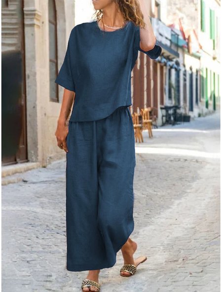 

Loose Crew Neck Casual Linen Blend Two-Piece Set, Cyan, Suits