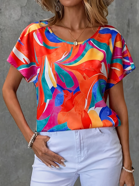 

Women Abstract Short Sleeve Tee T-shirt Crew Neck Printing Casual Summer Graphic Tee Top, Orange, T-Shirts