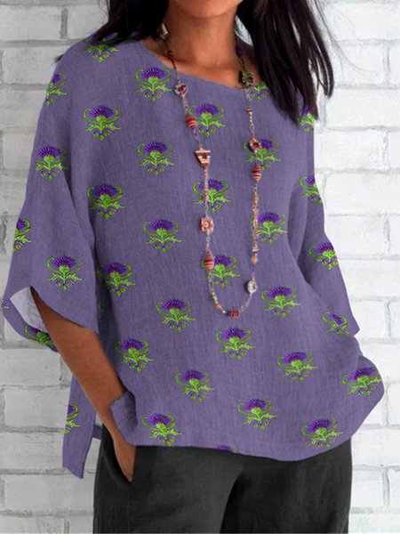 

Casual Floral Crew Neck Long Sleeve T-shirt, Purple, T-shirts
