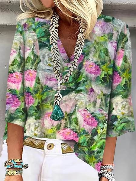 

Women Floral Three Quarter Sleeve Blouse Spring/Fall Printing V Neck Daily Casual Top, Green, Blouses