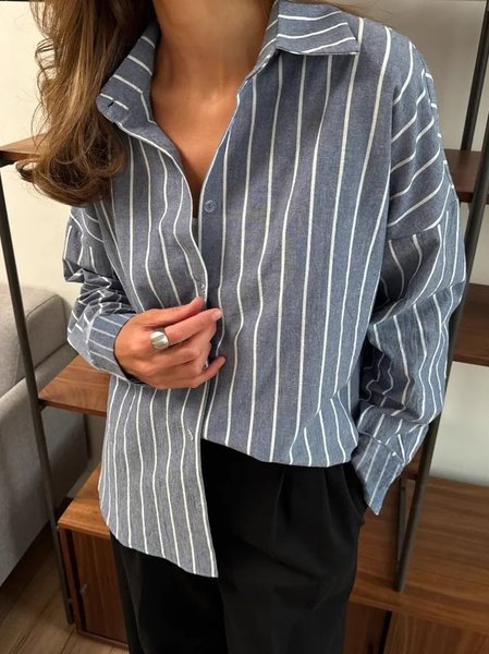 

Women Striped Long Sleeve Shirt Spring/Fall Polo Collar Daily Casual Top, Gray, Blouses