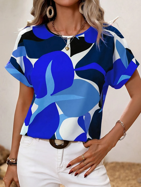 

Women Abstract Short Sleeve Tee T-shirt Crew Neck Printing Casual Summer Graphic Tee Top, Blue, T-Shirts