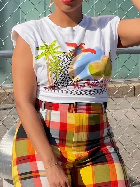 

Casual Tropical Printing Crew Neck T-shirt, White, Tees