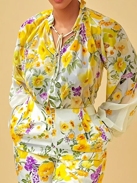 

Vacation Floral Printing Shirt Collar Blouse, Yellow, Blouses and Shirts