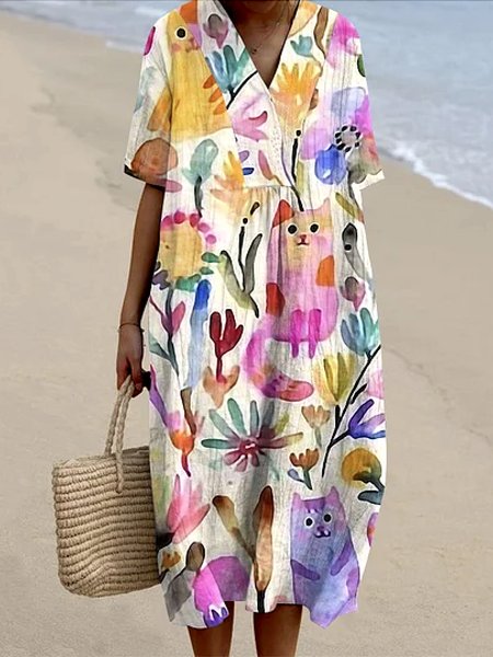 

Women Floral Summer Dress V Neck Short Sleeve A-Line Dress, White, Maxi