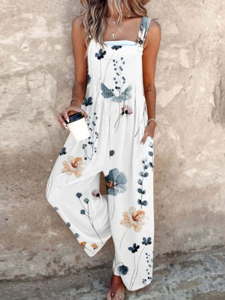 

Women Floral Square Neck Gallus Casual Summer Cotton And Linen Jumpsuit, White, Jumpsuits＆Rompers