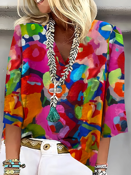 

Women Abstract Three Quarter Sleeve Blouse Spring/Fall Printing V Neck Daily Casual Top, As picture, Blouses