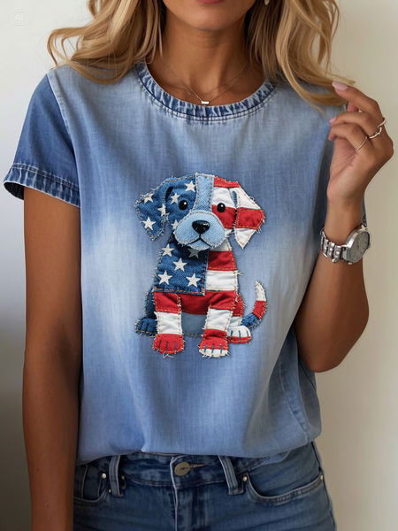 

Women Dog Short Sleeve Tee T-shirt Crew Neck Printing Casual Summer Graphic Tee Top, Blue, T-Shirts