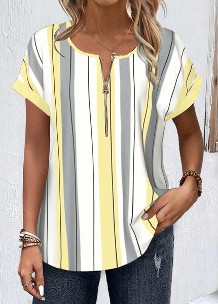 

Square Neck Half Sleeve Striped Regular Loose Blouse For Women, Yellow, T-shirts