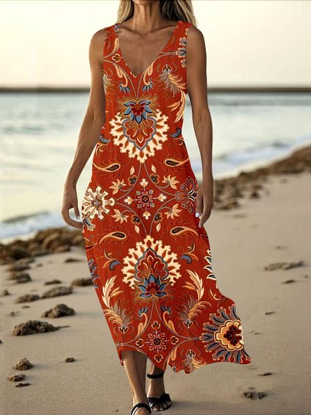 

Women Floral Summer Dress V Neck Sleeveless Tank A-Line Dress, Red, Maxi