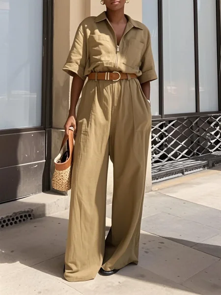 

Casual Plain Shirt Jumpsuit No Belt, Khaki, Jumpsuits