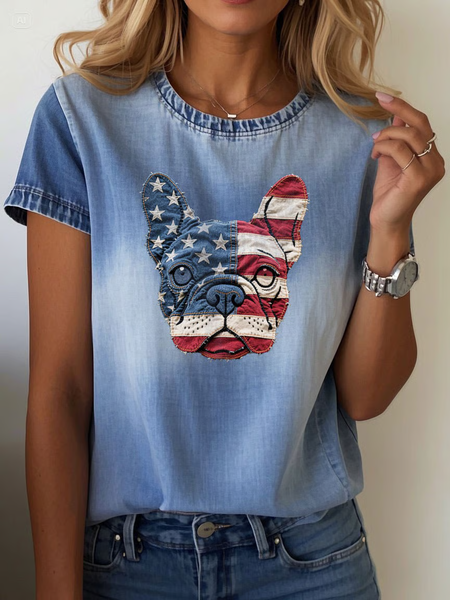 

Women Dog Short Sleeve Tee T-shirt Crew Neck Printing Casual Summer Graphic Tee Top, Blue, T-Shirts