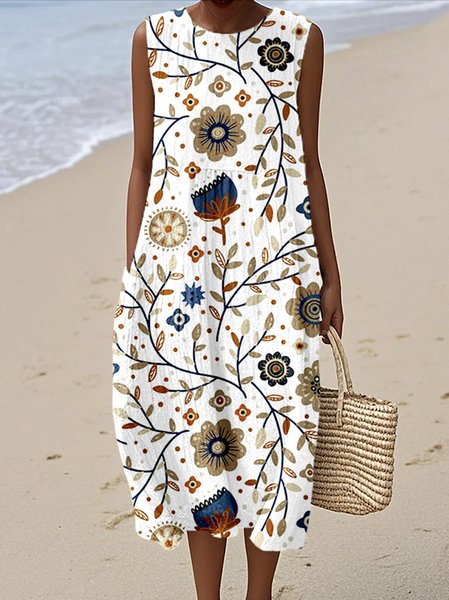 

Women Floral Summer Dress Crew Neck Sleeveless A-Line Dress, White, Maxi