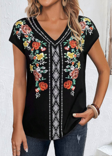 

Casual Geometric V Neck Short Sleeve T-shirt, As picture, T-shirts