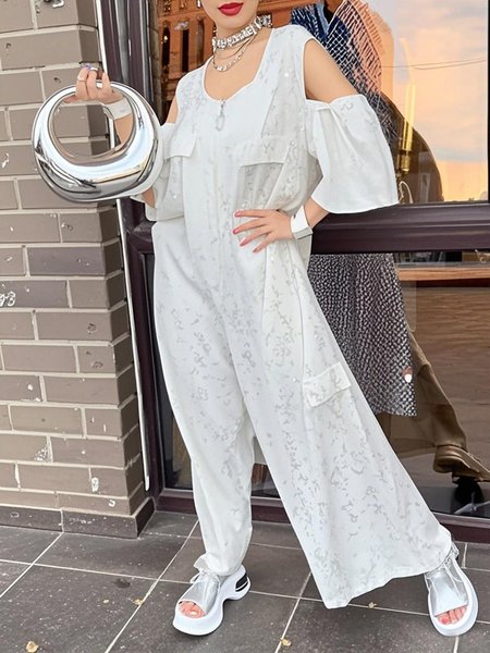 

Casual Stamped Silver Abstract Graphic Jumpsuit, White, Jumpsuits