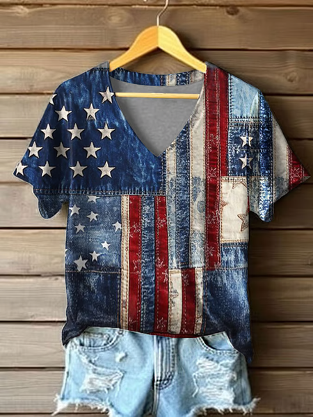 

Women Independence Day (Flag) Short Sleeve Tee T-shirt V Neck Printing Casual Summer Graphic Tee Top, Blue, T-Shirts