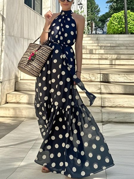 

Vacation Polka Dots Halter Maxi Dress With Belt, Black, Maxi Dresses