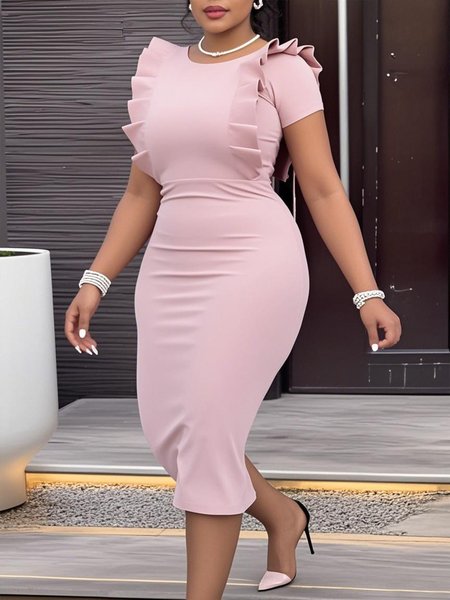 

Urban Plain Peplum Knee Length Dress, Pink, Midi Dresses