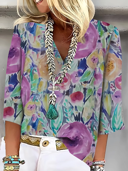 

Women Floral Three Quarter Sleeve Blouse Spring/Fall Printing V Neck Daily Casual Top, Purple, Blouses