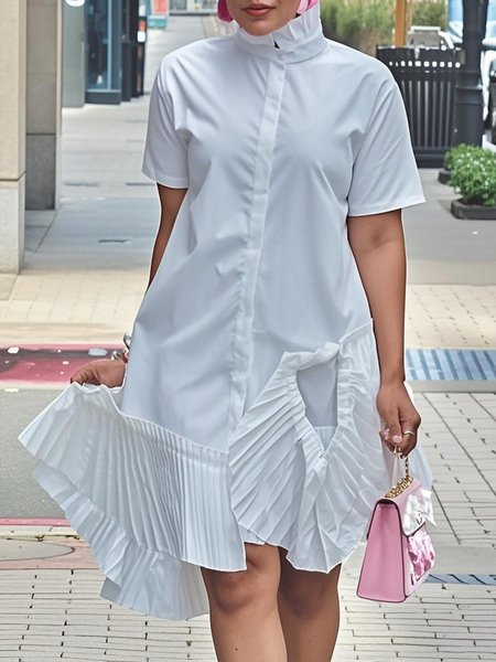 

Casual Plain Shirt Collar Knee Length Dress, White, Midi Dresses