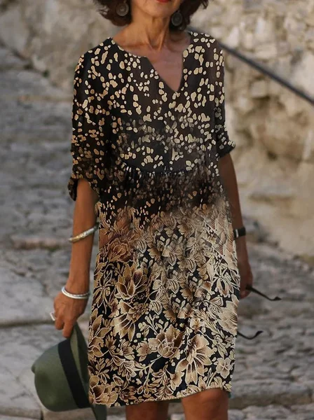 

Women Floral Half Sleeve Summer Printing Dress V Neck Daily Casual Mini Shift Dress H-Line Dress, Brown, Casual Dresses