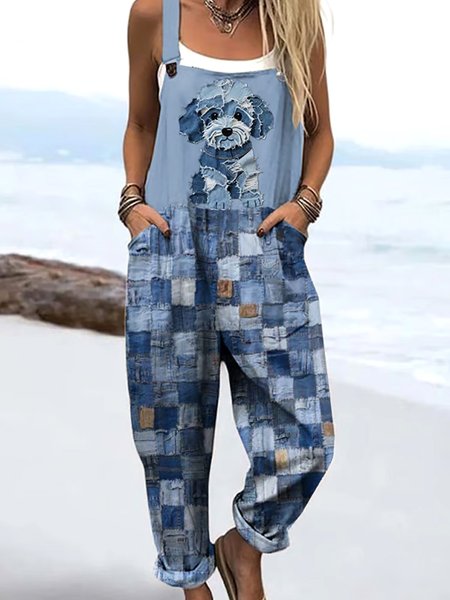 

Women Geometric Spaghetti Sleeveless Casual Summer Cotton Jumpsuit, Blue, Jumpsuits&Rompers