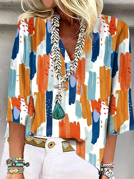 

Women Abstract Three Quarter Sleeve Blouse Spring/Fall Printing V Neck Daily Casual Top, Orange, Blouses