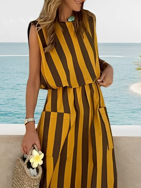 

Vacation Striped Printing Crew Neck Tank Top, As picture, Tanks and Camis