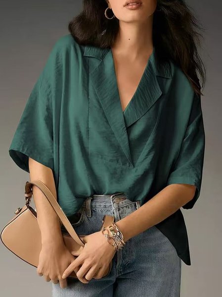 

Women Plain Half Sleeve Shirt Summer Split Joint Shawl Collar Daily Casual Top, Green, Blouses