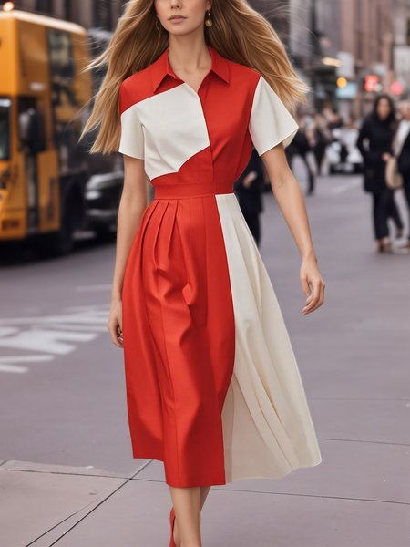

Urban Color Block Printing Shirt Collar Midi Dress, White-red, Midi Dresses