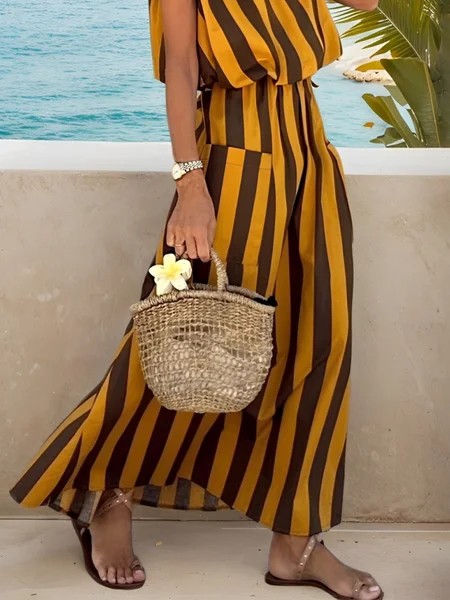 

Vacation Printing Striped Maxi Skirt, As picture, Skirts